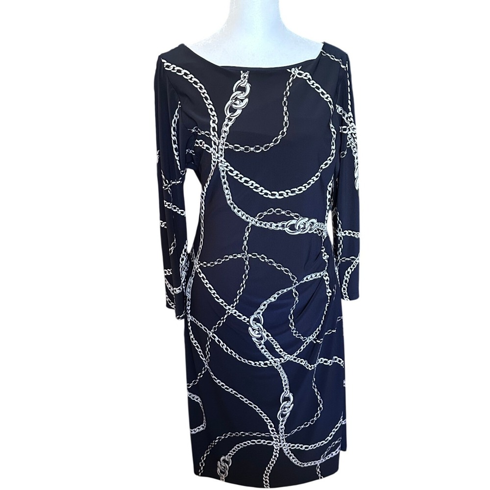 Lauren Ralph Lauren Navy Chain Link Print Ruched Sheath Dress Size 12 Boat Neck - Picture 3 of 10